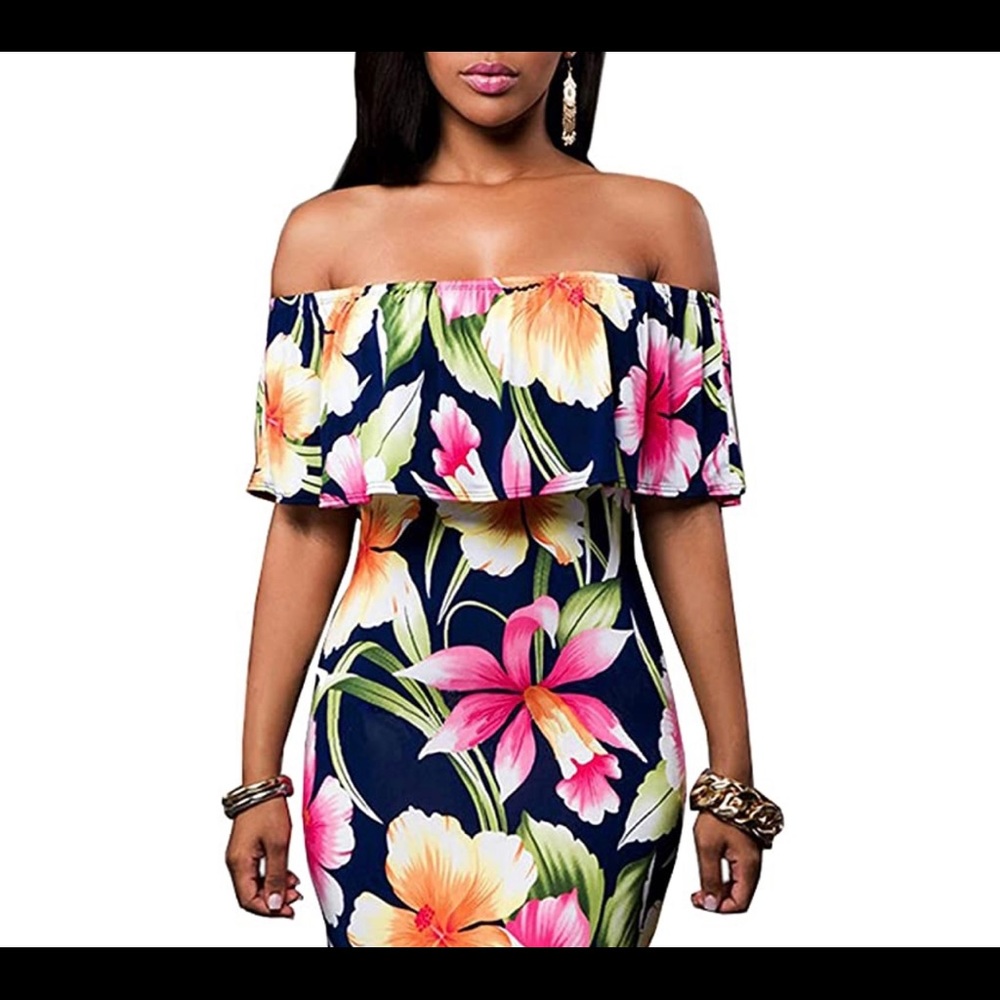 Floral Printed Off-the-Shoulder Bodycon Maxi Dress.